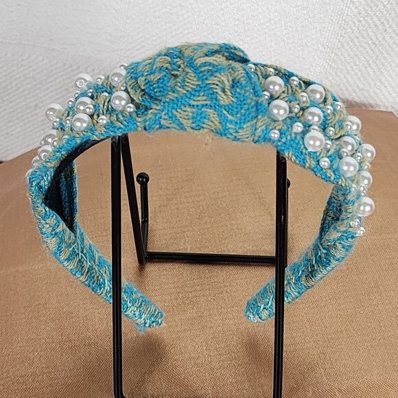 Handmade Accessories - Handmade Poly Turquoise Sweater Material White Faux Pearl Embellished Headband